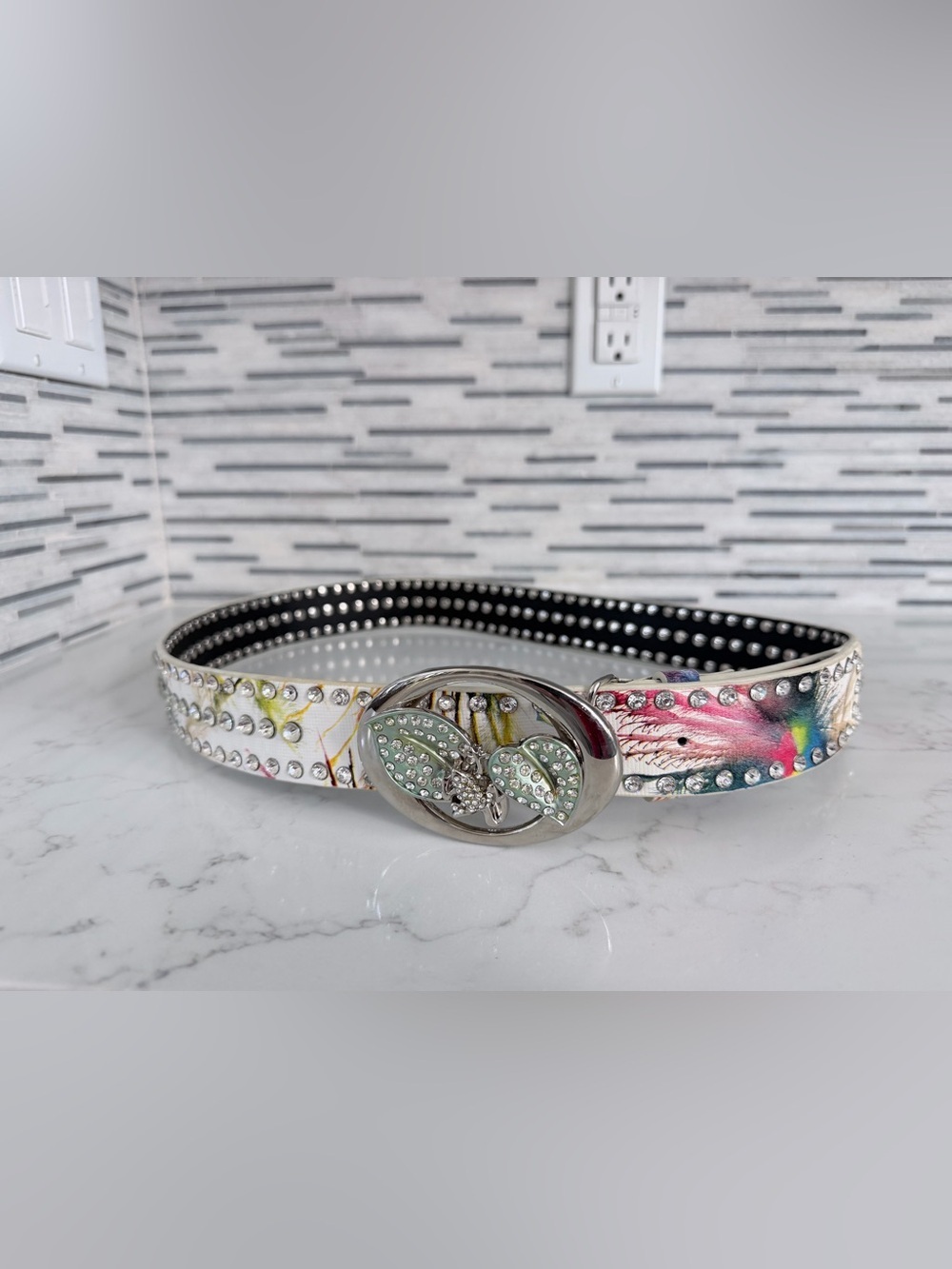 New High Quality white Crystal Butterfly Buckle Studded Floral Leather Belt XL